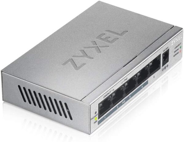 Switch Unmanaged, 5 porte Gigabit (4 porte PoE, erogazione fino a 60W), Chassis metallo, Desktop Zyxel